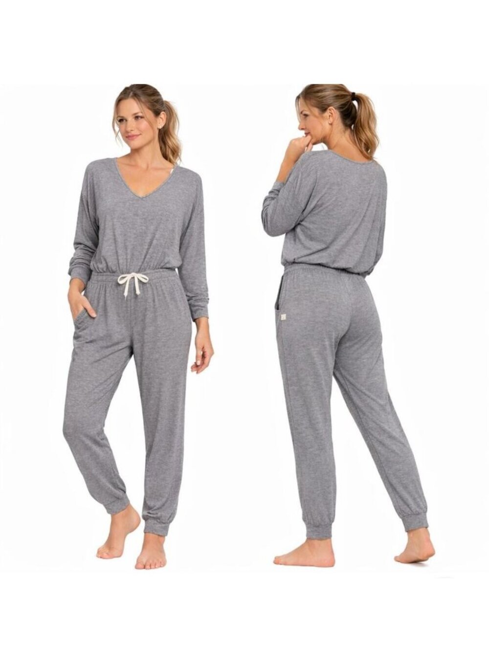 VUORI XL The Rise The Shine Gray Long Sleeve Jumpsuit V-Neck Jersey
